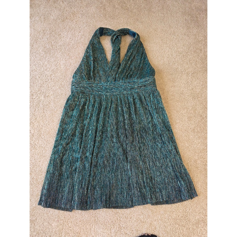 Lulus Teal Gold Metallic Plisse Halter Mini Dress Crisscross Back Size L